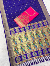 Ephemeral Royal Blue Paithani Silk Saree With Handwork Blouse Piece