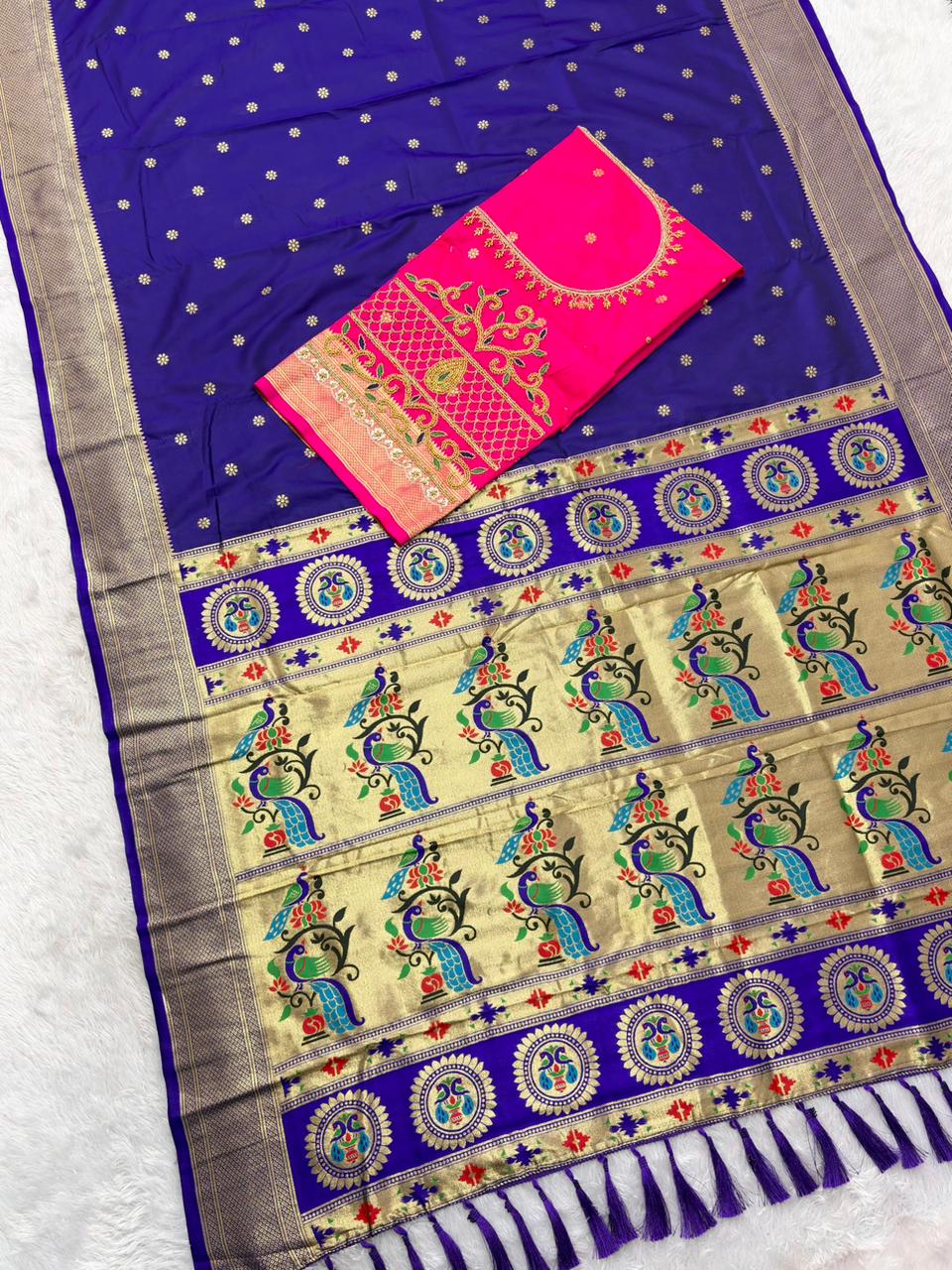 Ephemeral Royal Blue Paithani Silk Saree With Handwork Blouse Piece