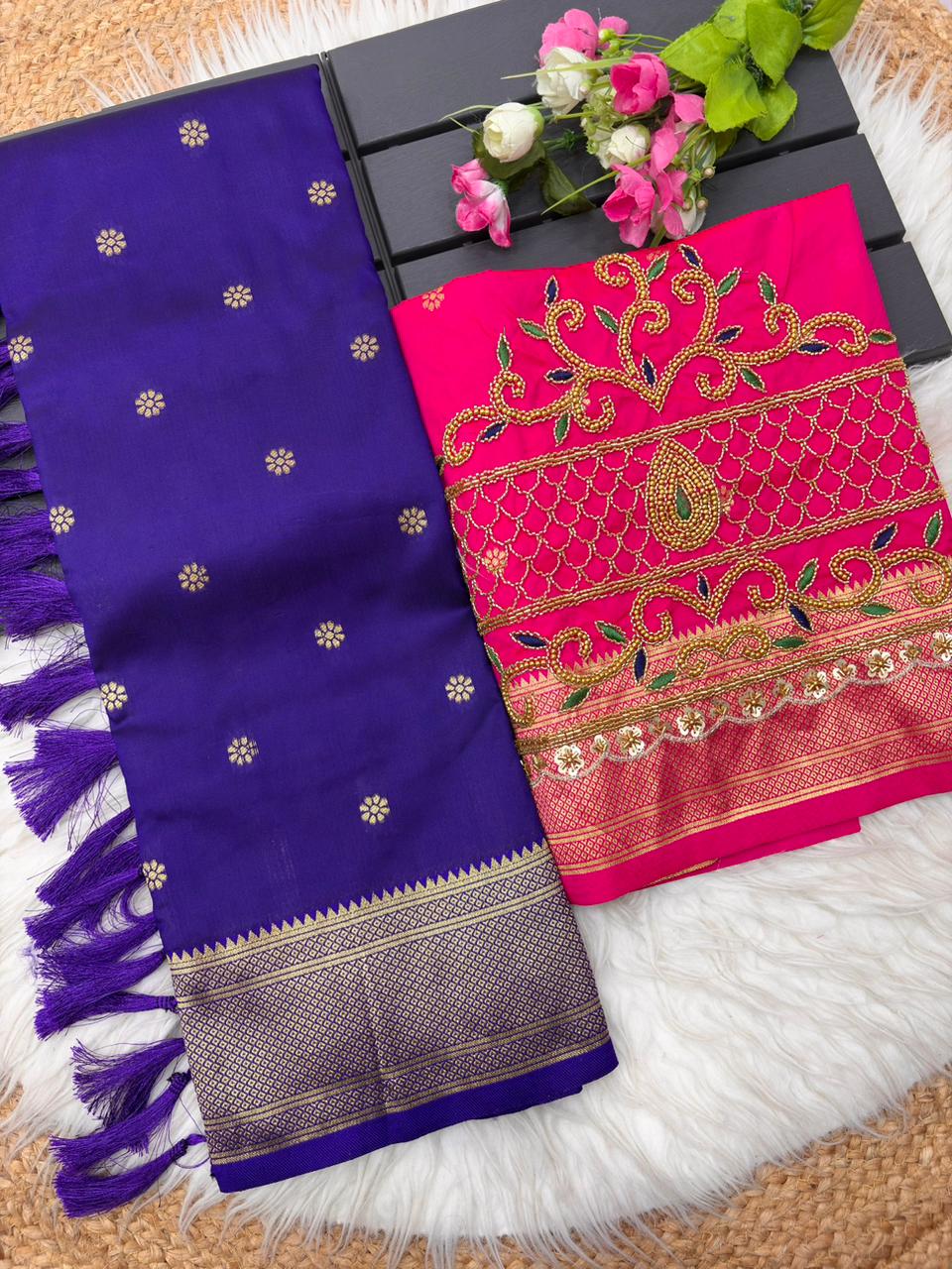 Ephemeral Royal Blue Paithani Silk Saree With Handwork Blouse Piece