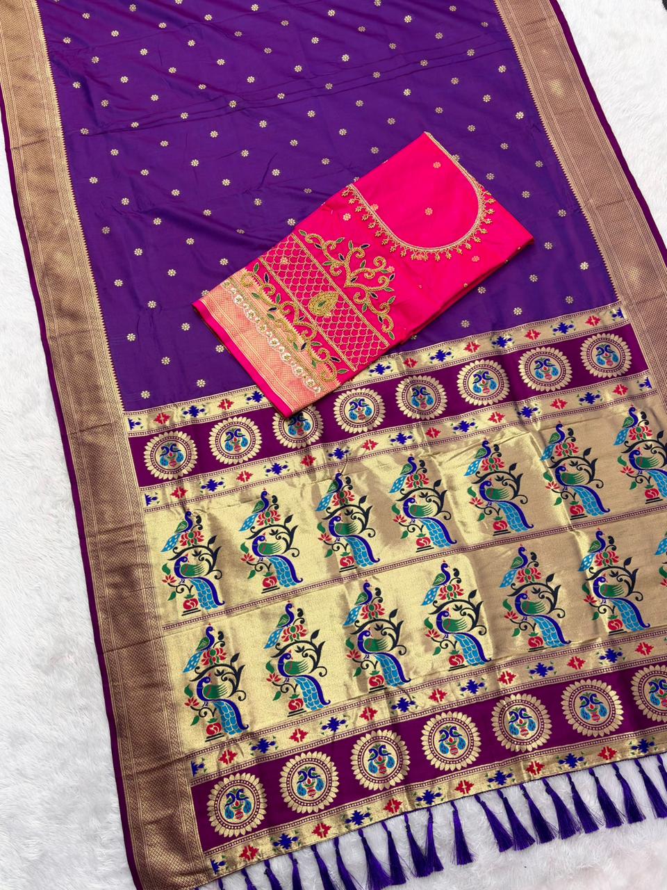 Piquant Royal Purple Paithani Silk Saree With Handwork Blouse Piece