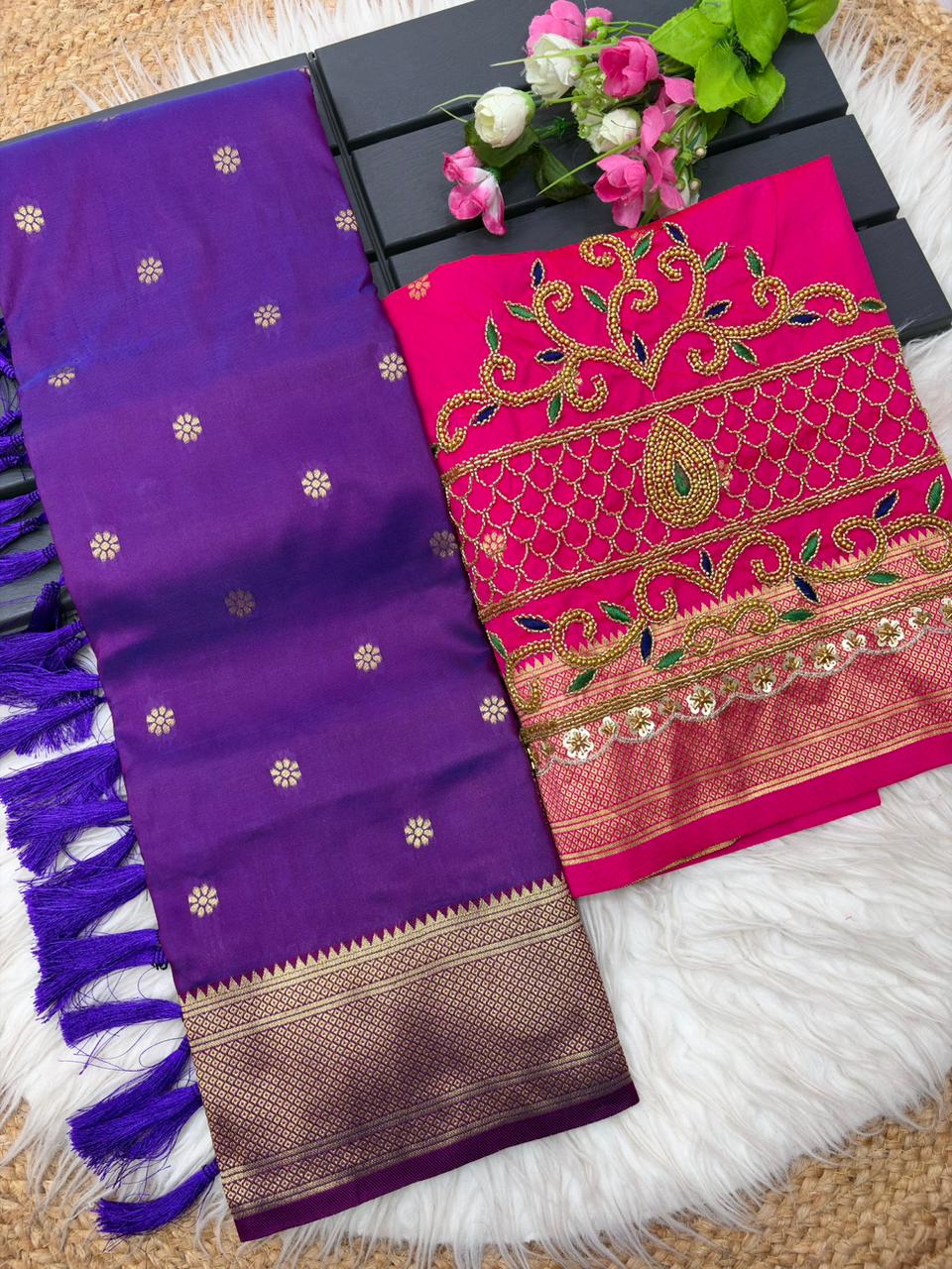 Piquant Royal Purple Paithani Silk Saree With Handwork Blouse Piece