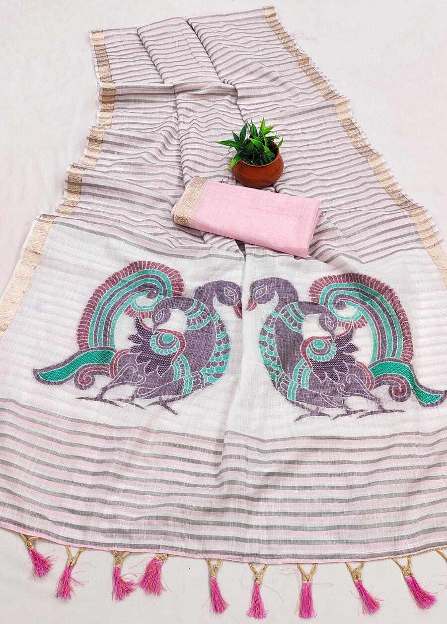 Lissome Baby Pink Linen Silk Saree With Trendy Blouse Piece