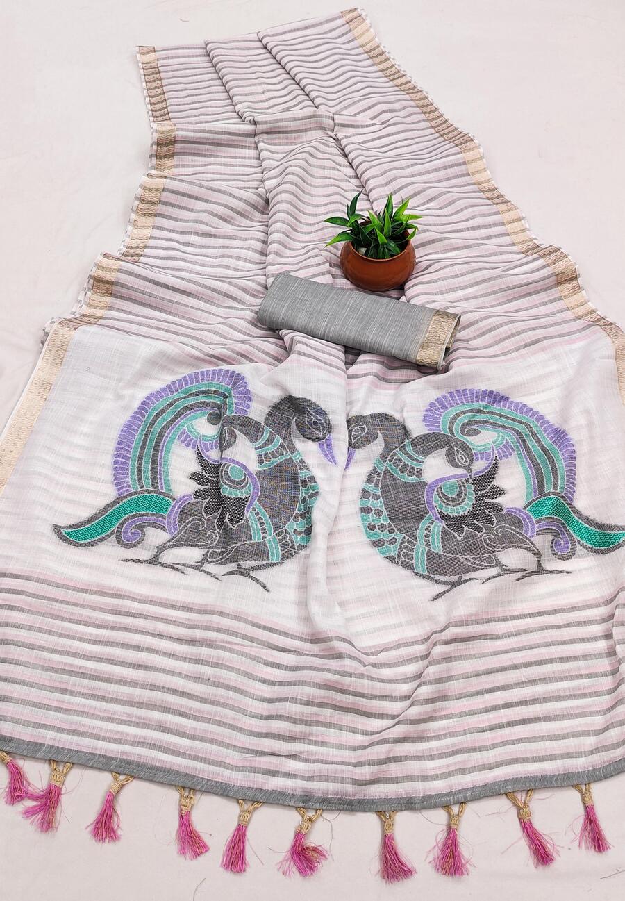 Energetic Grey Linen Silk Saree With Demure Blouse Piece