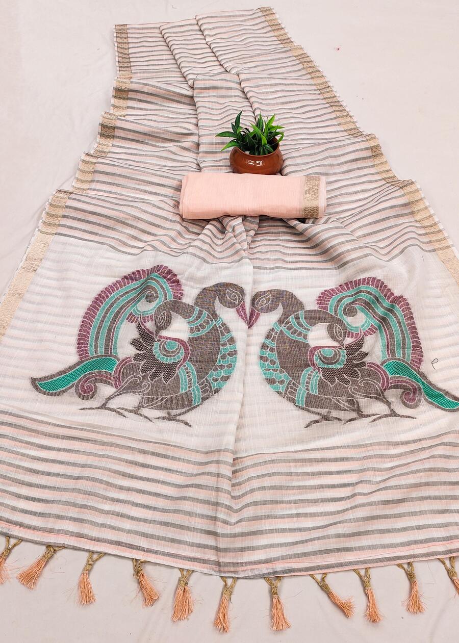 Efflorescence Peach Linen Silk Saree With Angelic Blouse Piece