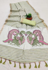 Symmetrical Pista Linen Silk Saree With Cynosure Blouse Piece