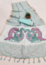 Eloquence Sky Linen Silk Saree With Traditional Blouse Piece