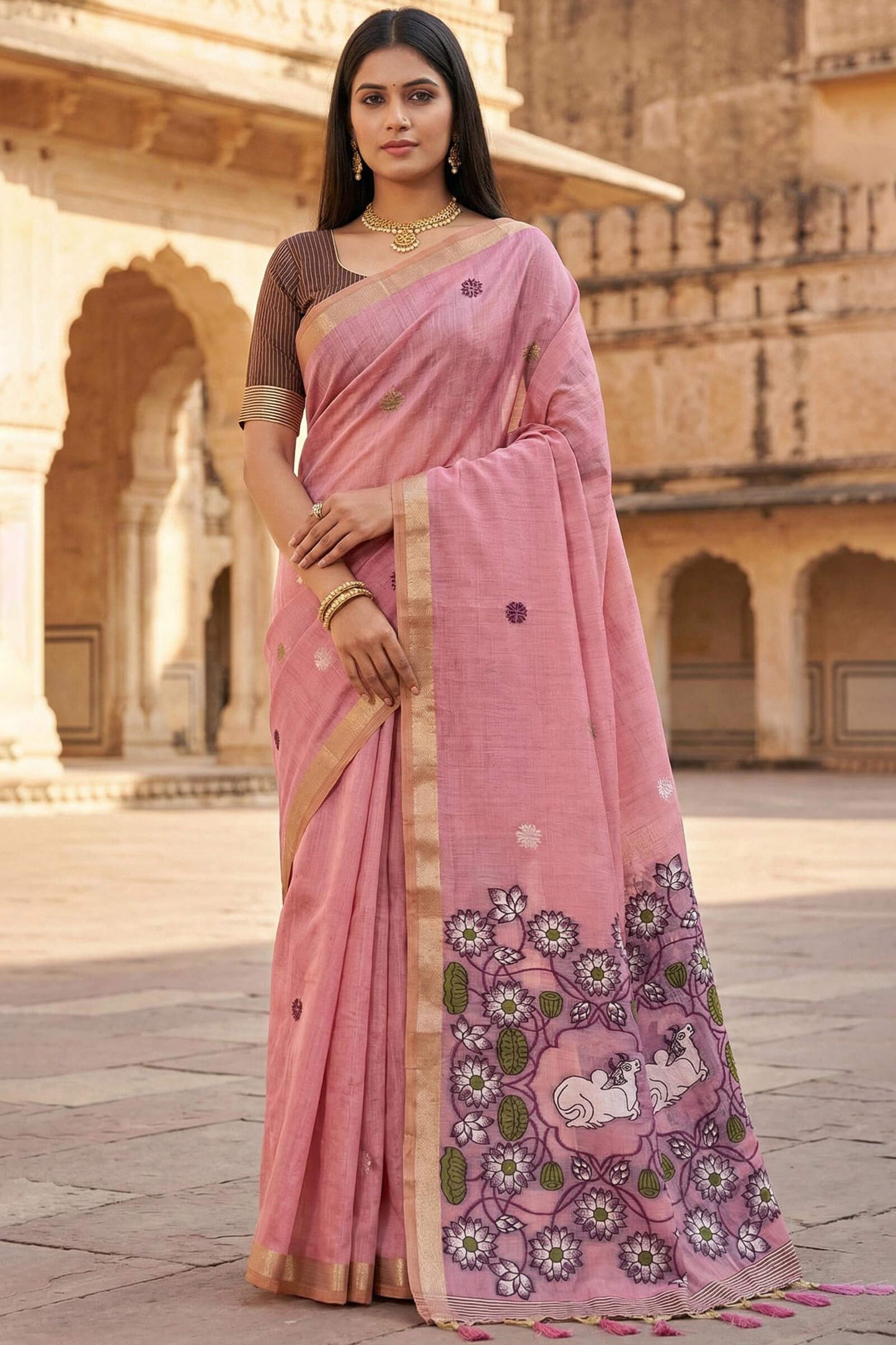 Petrichor Baby Pink Pure Munga Cotton Silk Saree With Embellished Blouse Piece