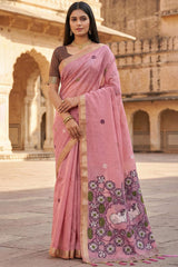 Petrichor Baby Pink Pure Munga Cotton Silk Saree With Embellished Blouse Piece