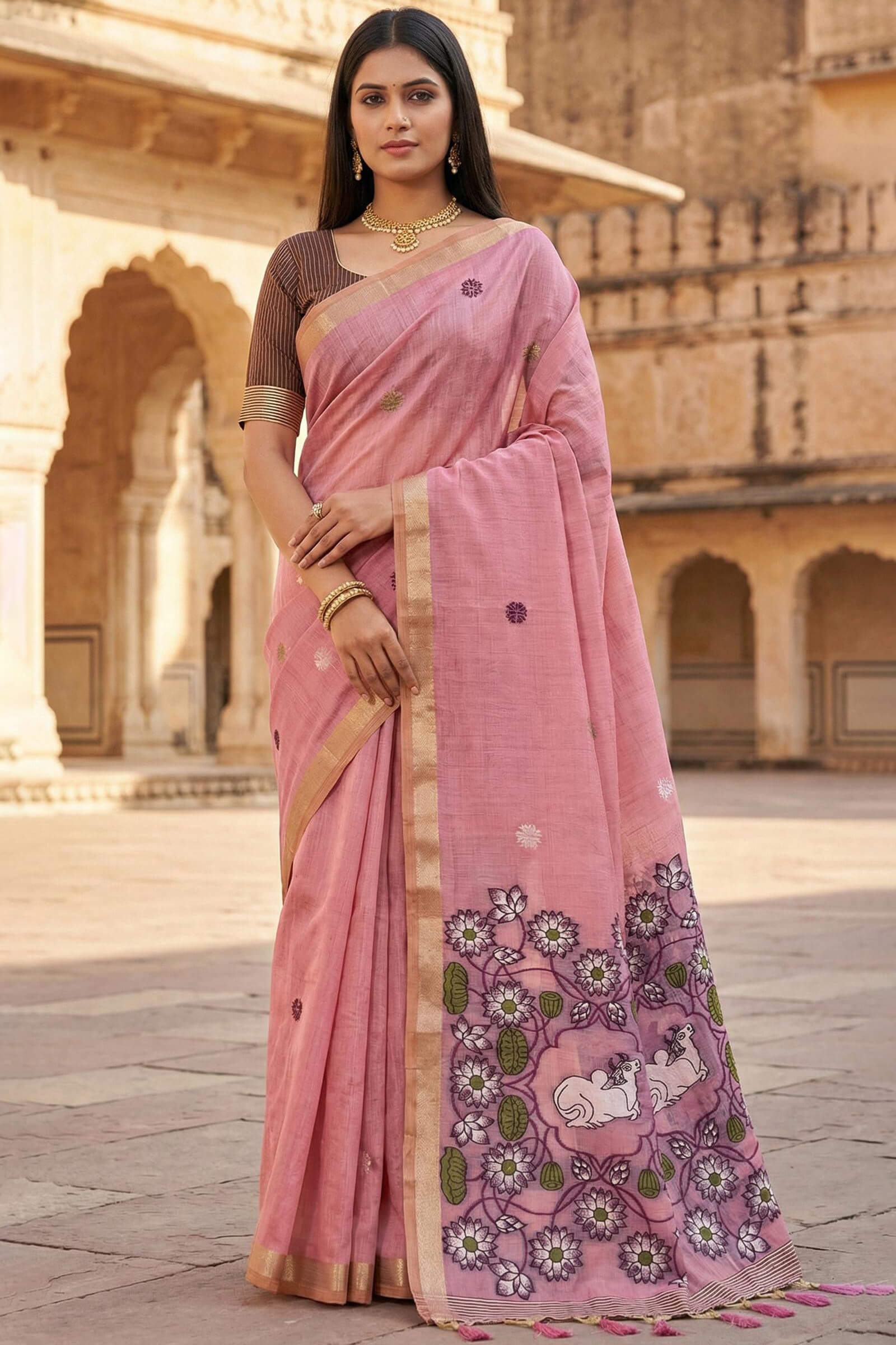 Petrichor Baby Pink Pure Munga Cotton Silk Saree With Embellished Blouse Piece