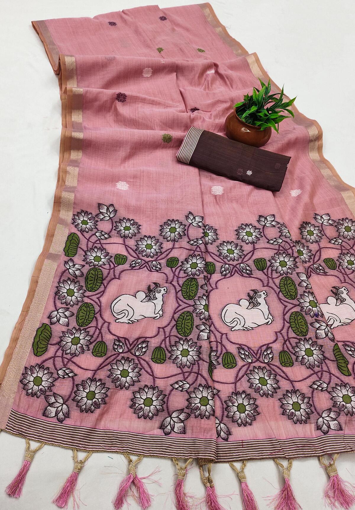 Petrichor Baby Pink Pure Munga Cotton Silk Saree With Embellished Blouse Piece