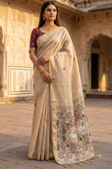 Posh Beige Pure Munga Cotton Silk Saree With Pretty Blouse Piece