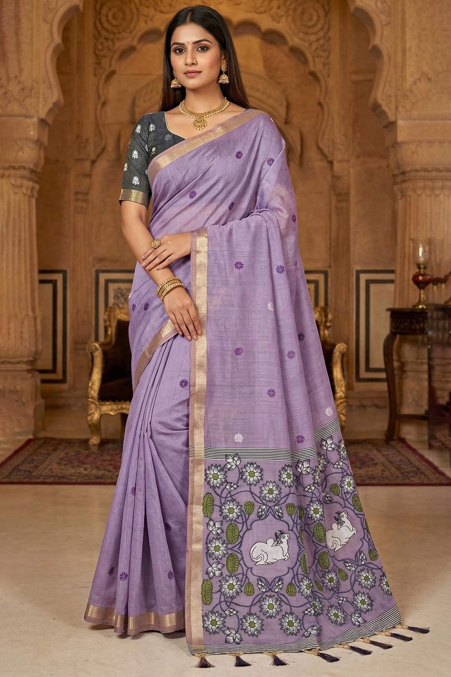 Unique Lavender Pure Munga Cotton Silk Saree With Diaphanous Blouse Piece