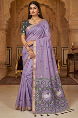 Unique Lavender Pure Munga Cotton Silk Saree With Diaphanous Blouse Piece