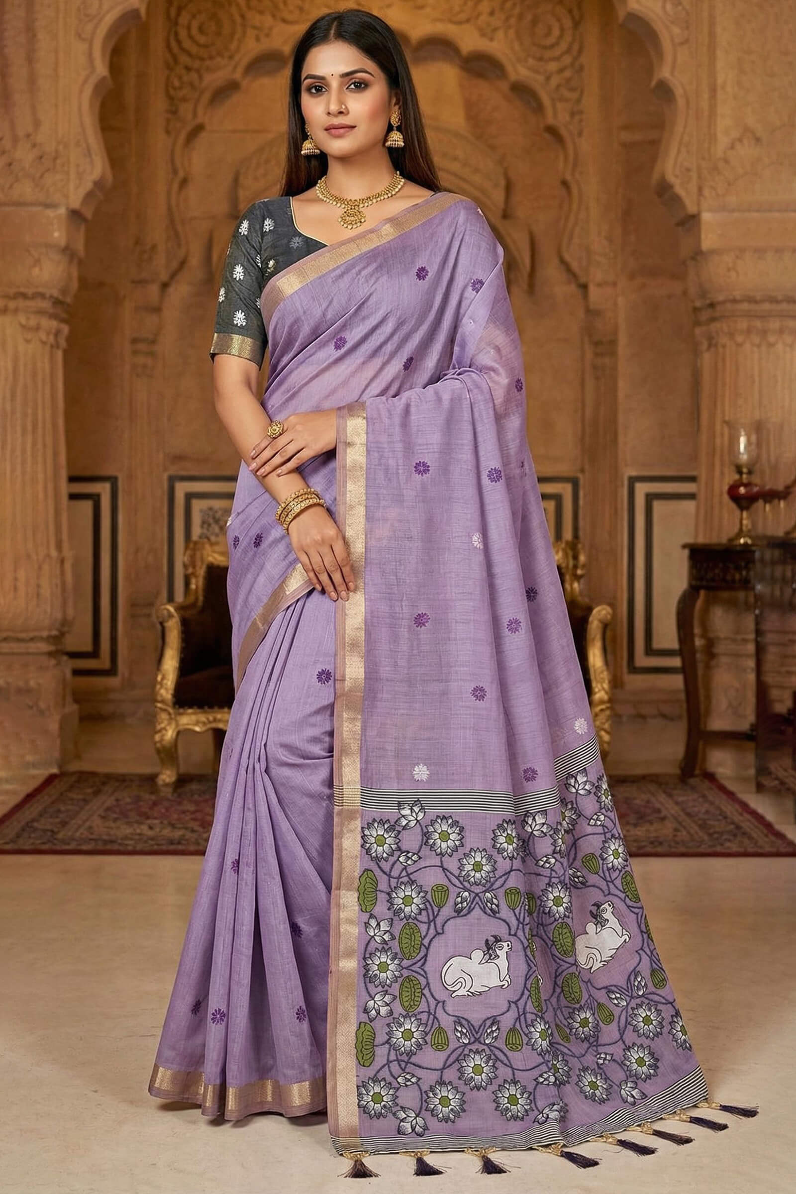 Unique Lavender Pure Munga Cotton Silk Saree With Diaphanous Blouse Piece