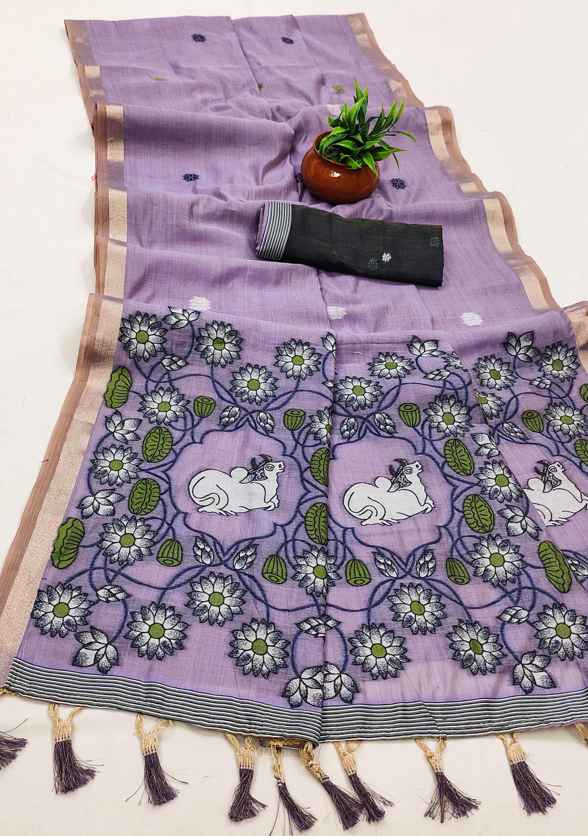 Unique Lavender Pure Munga Cotton Silk Saree With Diaphanous Blouse Piece
