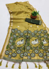 Elaborate Mustard Pure Munga Cotton Silk Saree With Denouement Blouse Piece