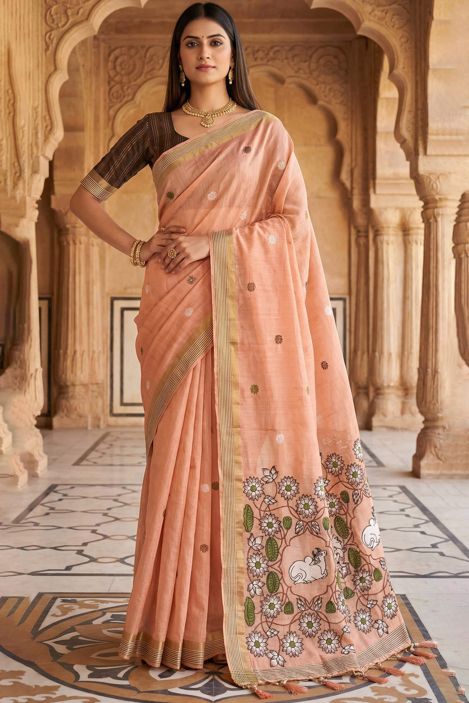 Ebullience Peach Pure Munga Cotton Silk Saree With Pleasurable Blouse Piece