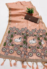 Ebullience Peach Pure Munga Cotton Silk Saree With Pleasurable Blouse Piece