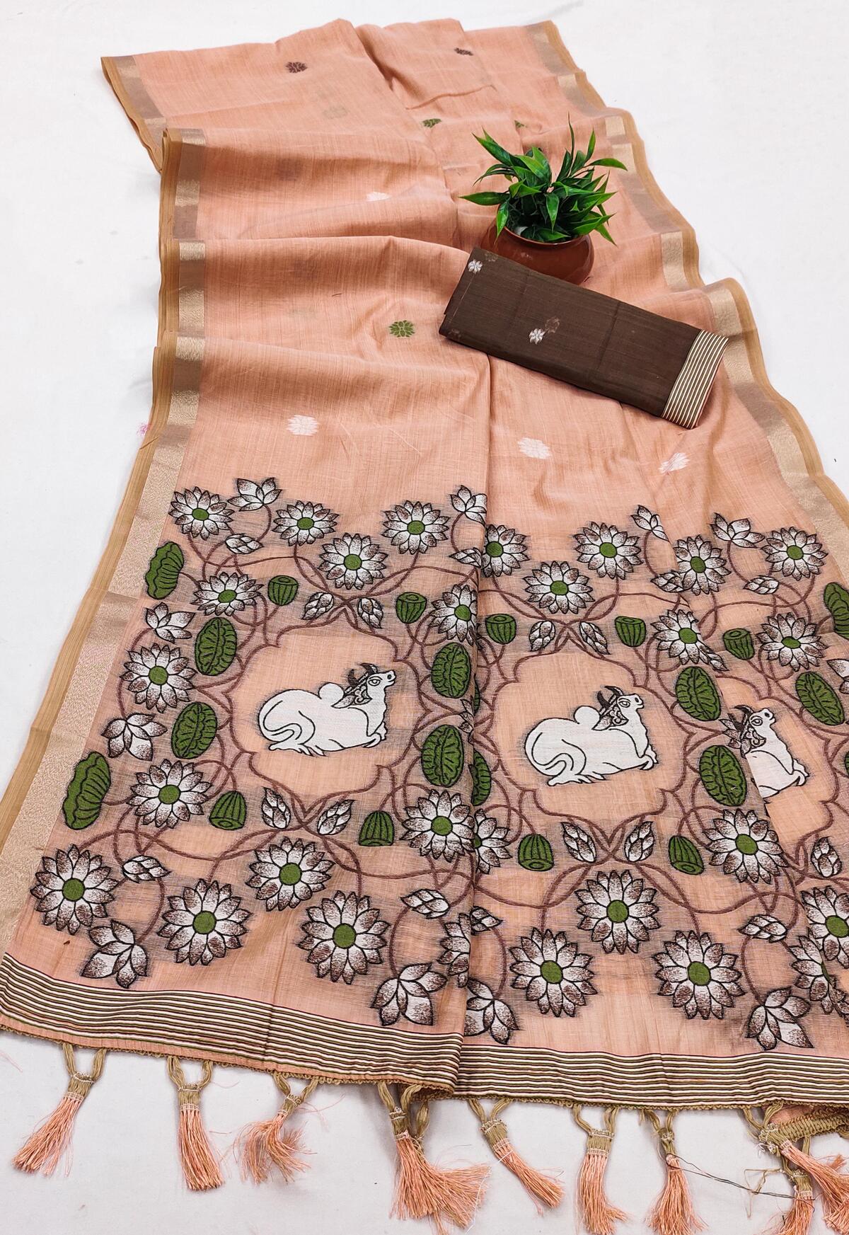 Ebullience Peach Pure Munga Cotton Silk Saree With Pleasurable Blouse Piece