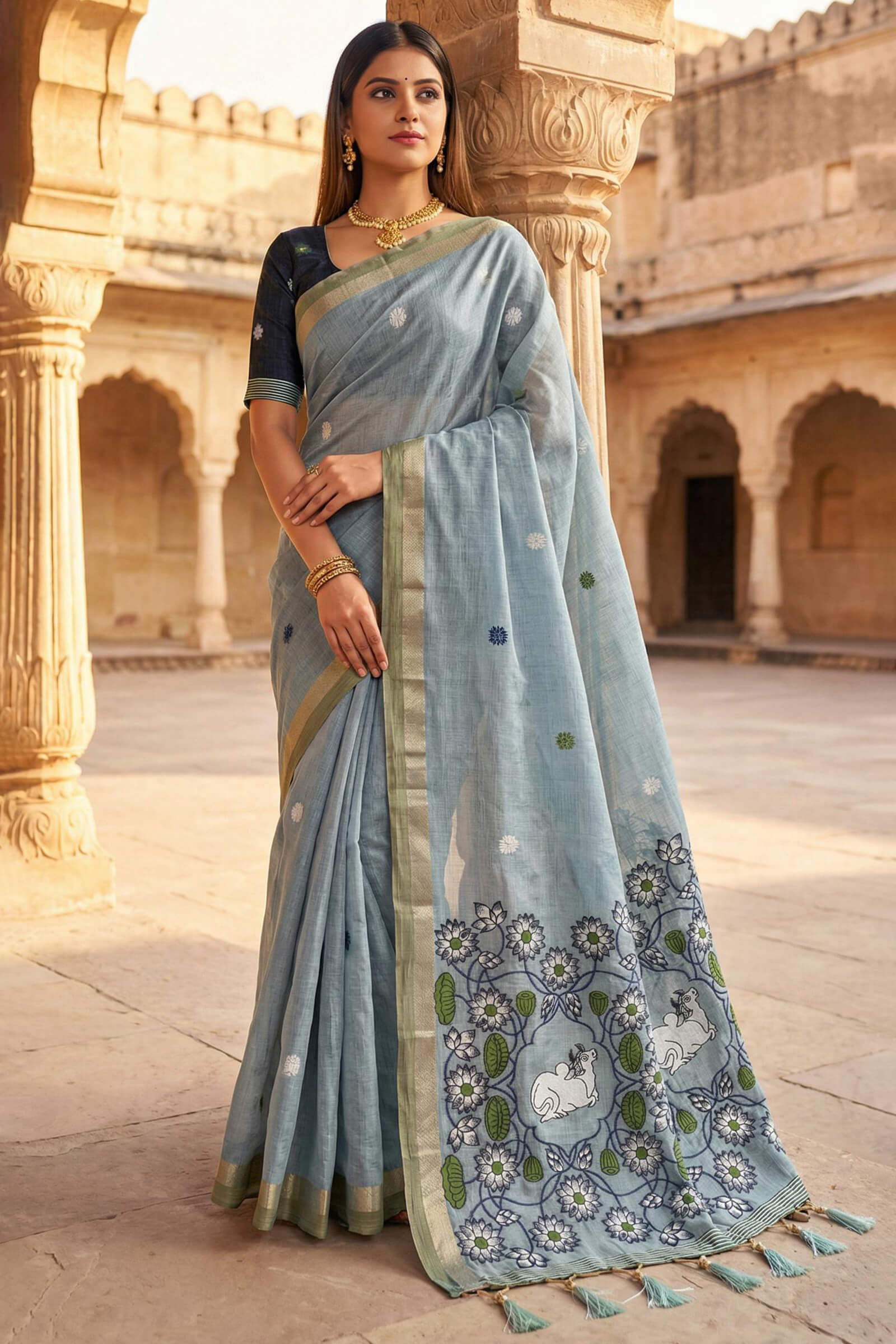 Stunning Sky Pure Munga Cotton Silk Saree With Palimpsest Blouse Piece