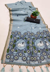 Stunning Sky Pure Munga Cotton Silk Saree With Palimpsest Blouse Piece
