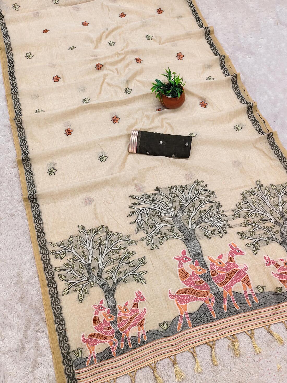 Groovy Beige Pure Munga Cotton Silk Saree With Gossamer Blouse Piece