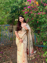 Groovy Beige Pure Munga Cotton Silk Saree With Gossamer Blouse Piece