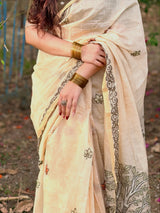 Groovy Beige Pure Munga Cotton Silk Saree With Gossamer Blouse Piece