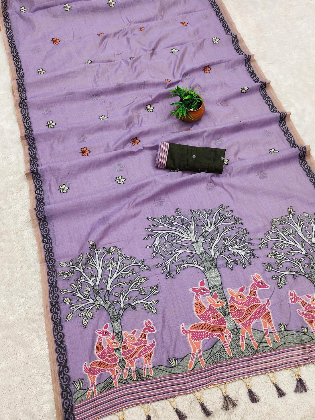Redolent Lavender Pure Munga Cotton Silk Saree With Excellent Blouse Piece