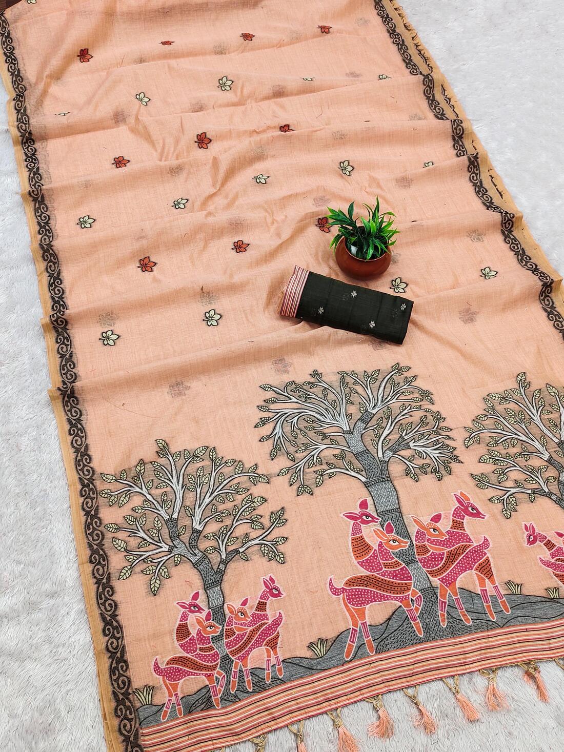 Amiable Peach Pure Munga Cotton Silk Saree With Bewitching Blouse Piece