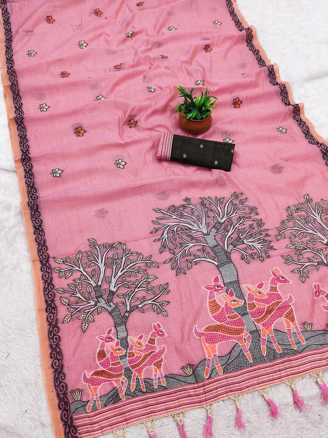 Stylish Pink Pure Munga Cotton Silk Saree With Exemplary Blouse Piece