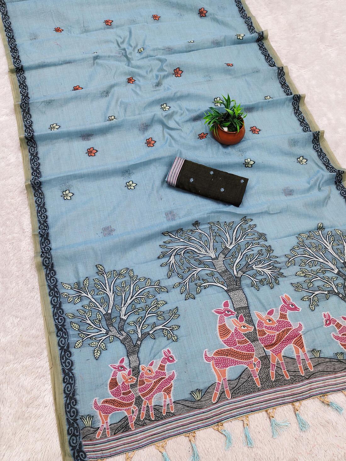 Whimsical Sky Pure Munga Cotton Silk Saree With Grandiose Blouse Piece