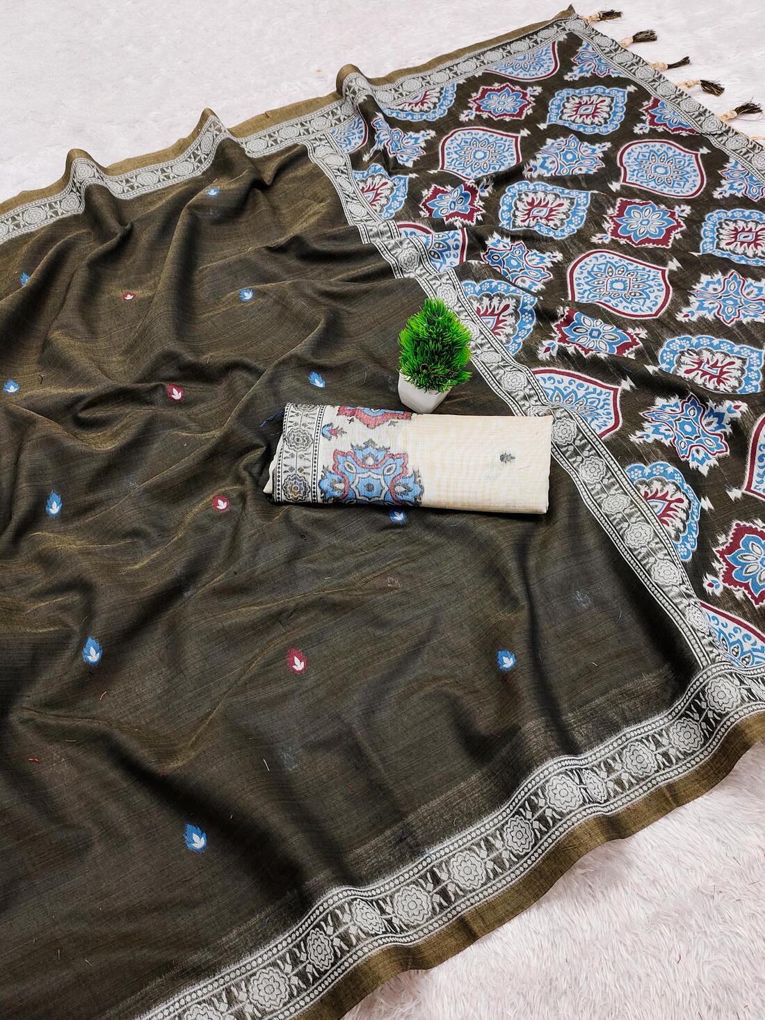 Alluring Brown Pure Munga Cotton Silk Saree With Skinny Blouse Piece