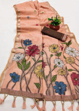 Designer Peach Pure Munga Cotton Silk Saree With Adorning Blouse Piece