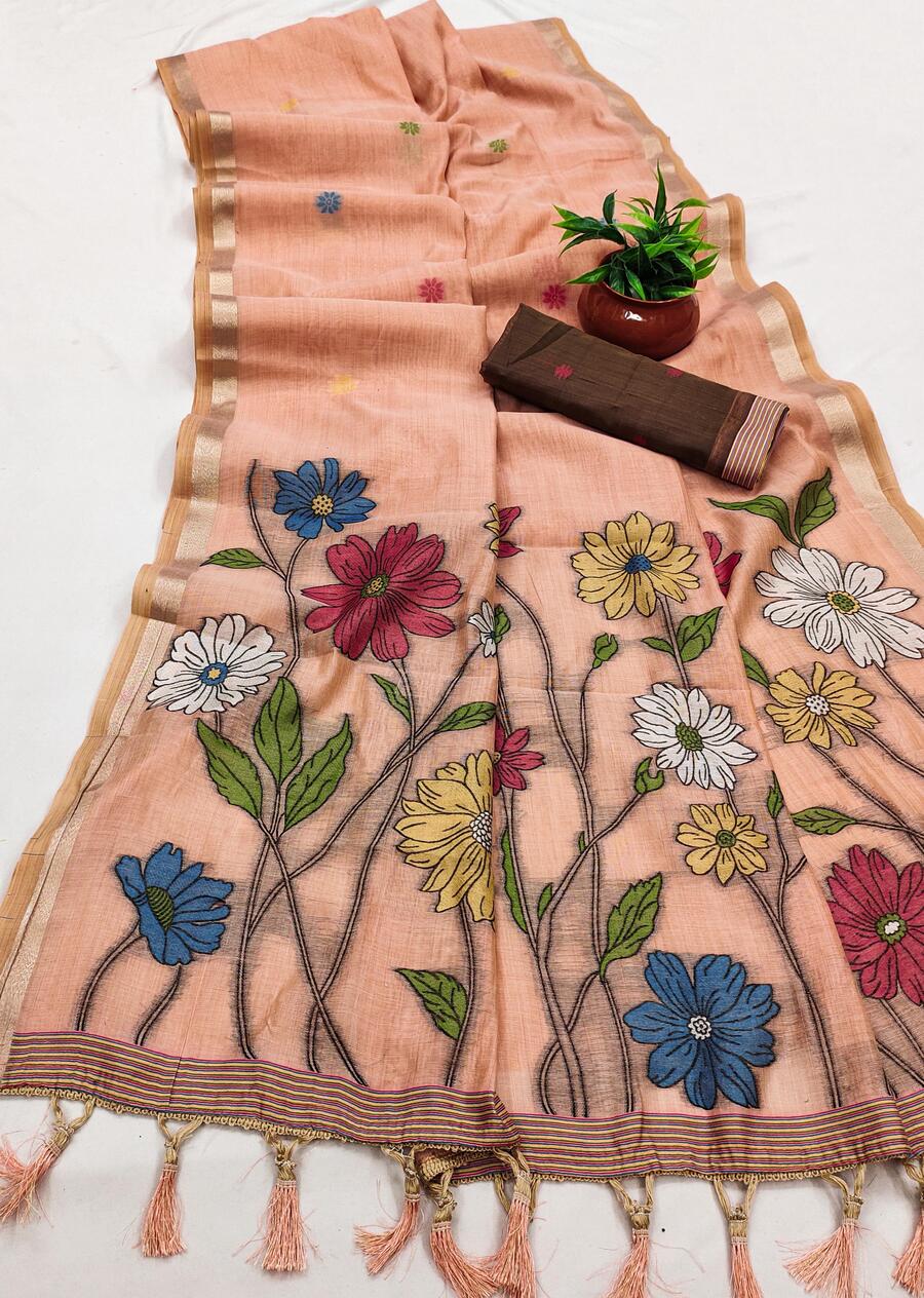 Designer Peach Pure Munga Cotton Silk Saree With Adorning Blouse Piece