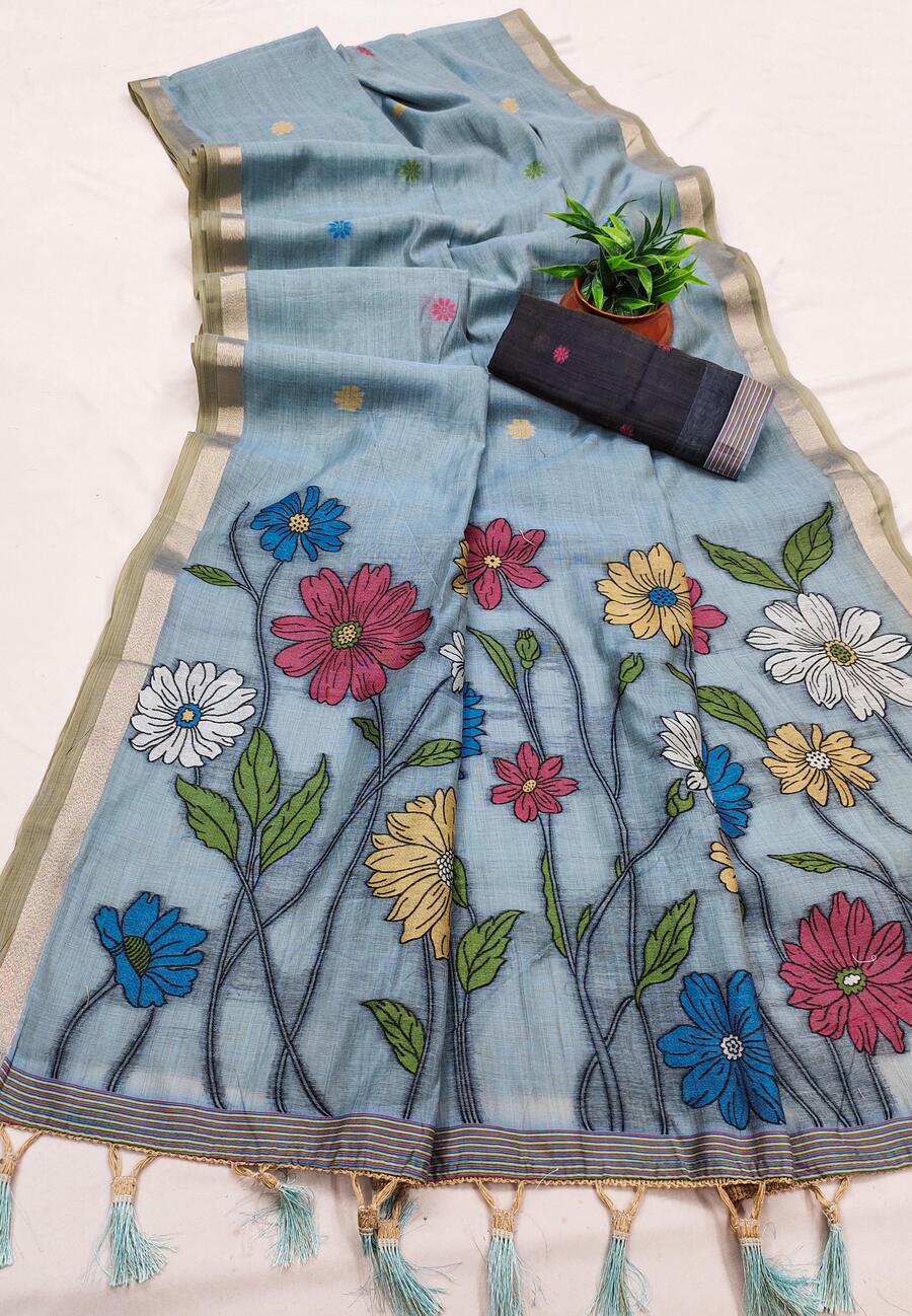 Magnetic Sky Pure Munga Cotton Silk Saree With Outstanding Blouse Piece