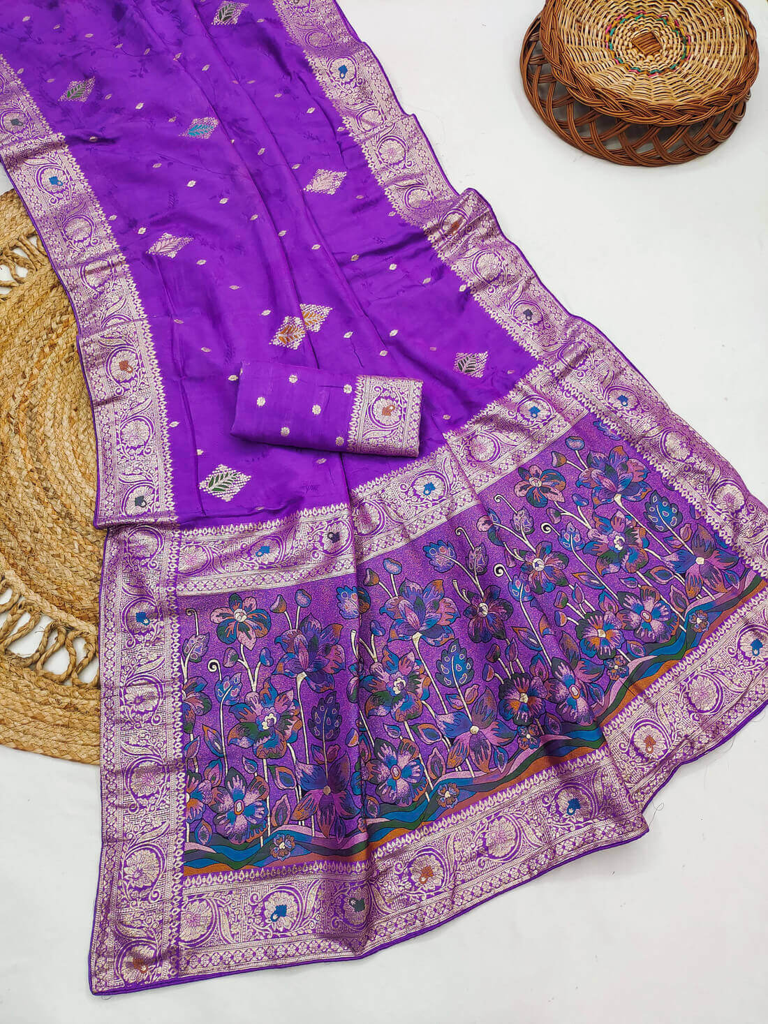 Girlish Royal Purple Banarasi Dola Silk Saree With Glowing Blouse Piece