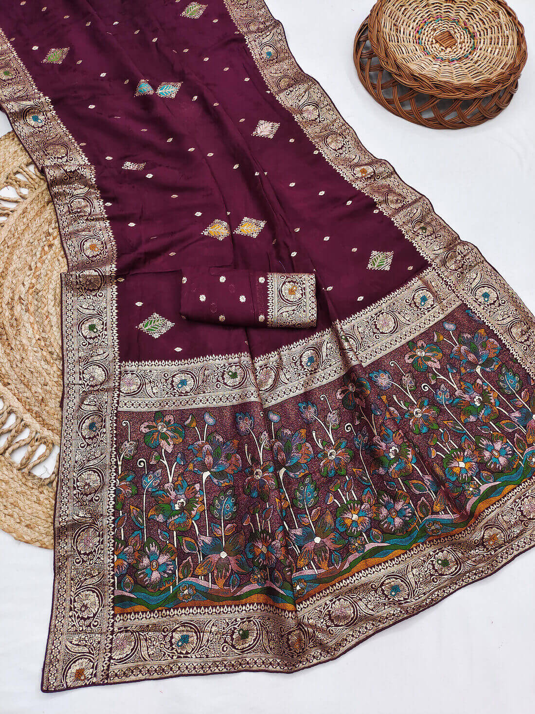 Entrancing Wine Banarasi Dola Silk Saree With Incredible Blouse Piece