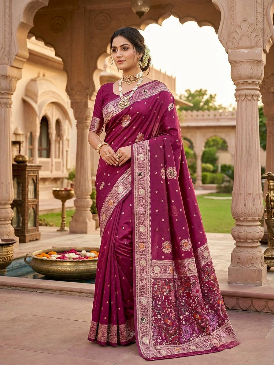 Flamboyant Dark Pink Banarasi Dola Silk Saree With Imaginative Blouse Piece