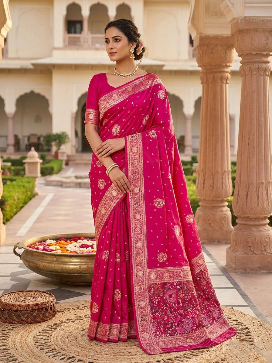 Panoply Magenta Banarasi Dola Silk Saree With Sensational Blouse Piece