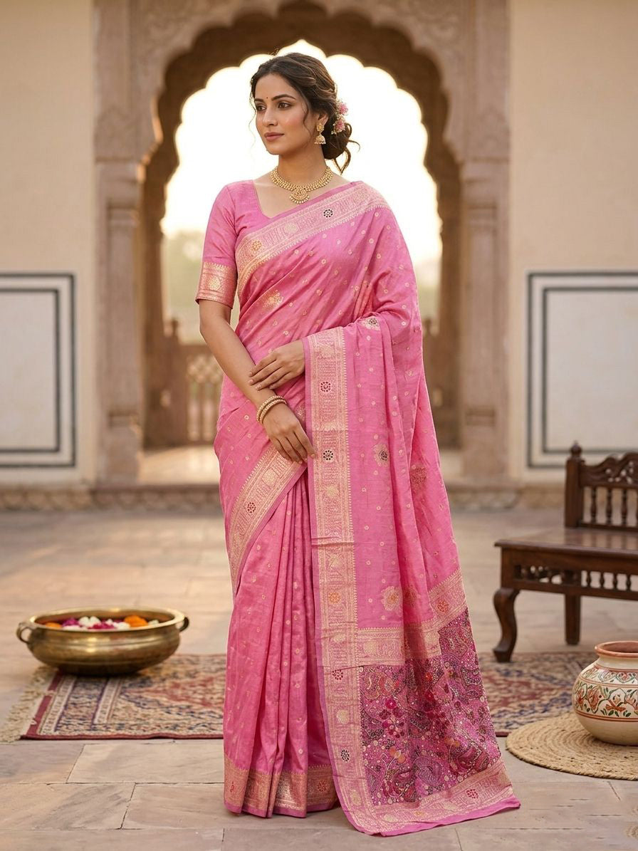 Winsome Pink Banarasi Dola Silk Saree With Vivacious Blouse Piece