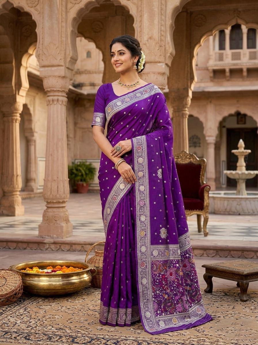 Preferable Purple Banarasi Dola Silk Saree With Precious Blouse Piece