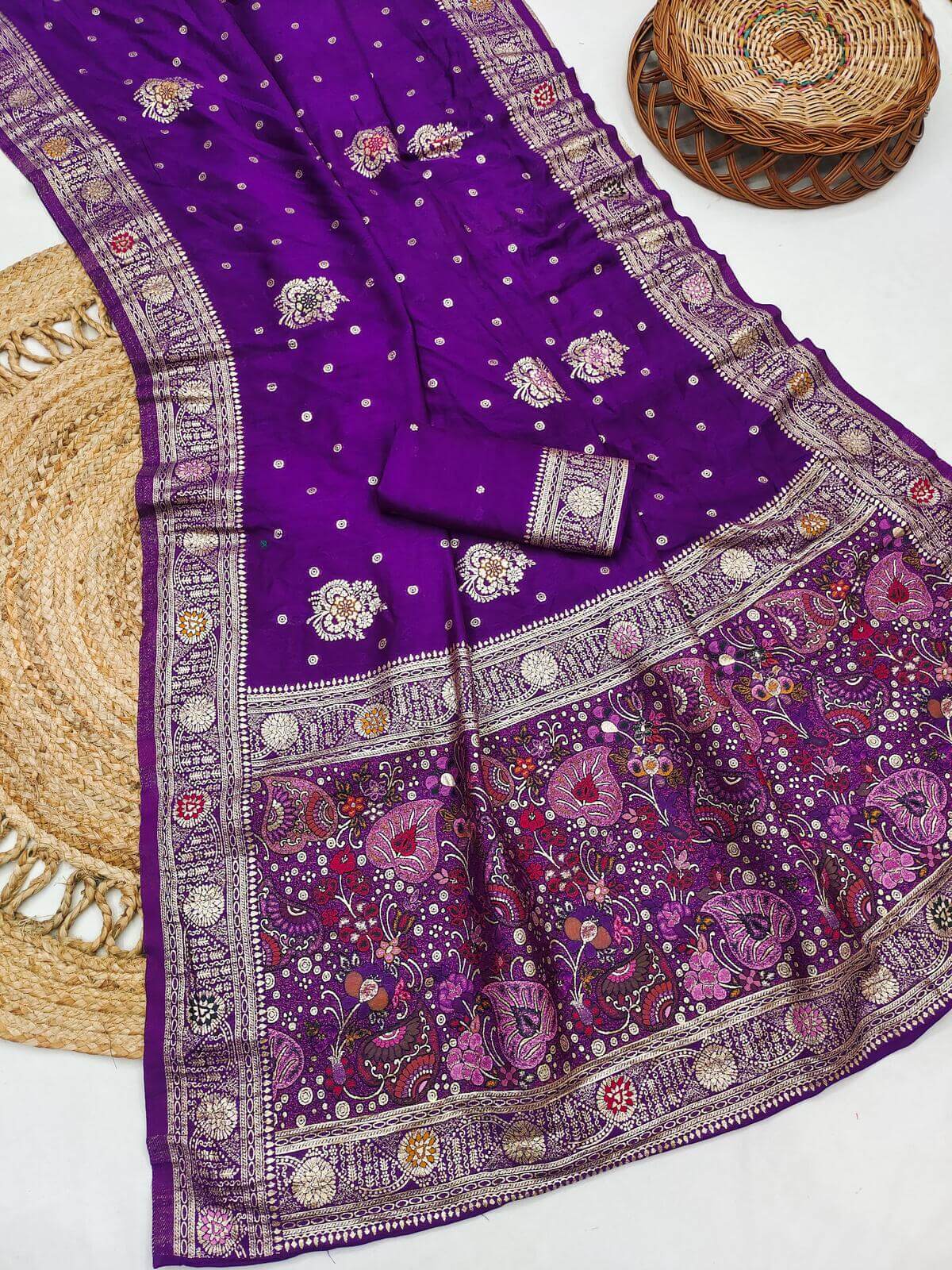 Preferable Purple Banarasi Dola Silk Saree With Precious Blouse Piece