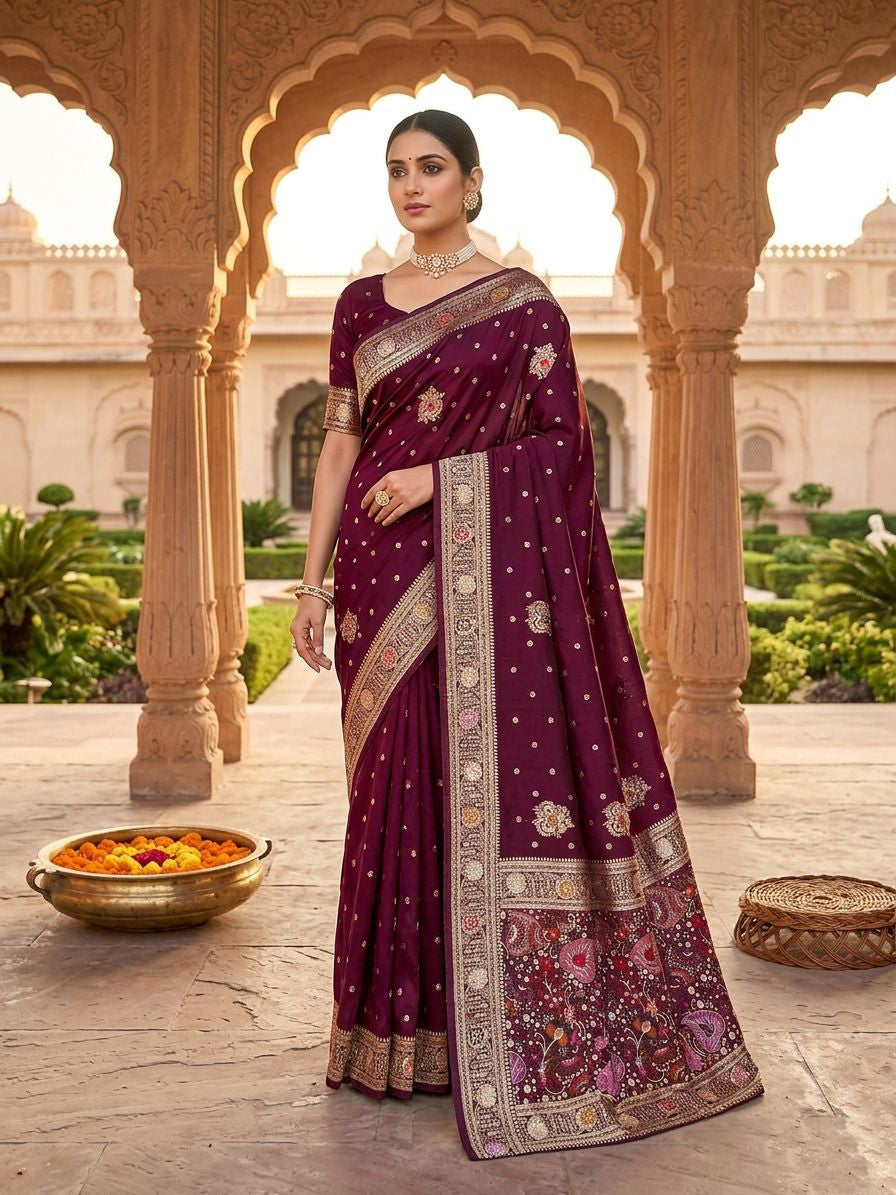 Ideal Wine Banarasi Dola Silk Saree With Resplendent Blouse Piece