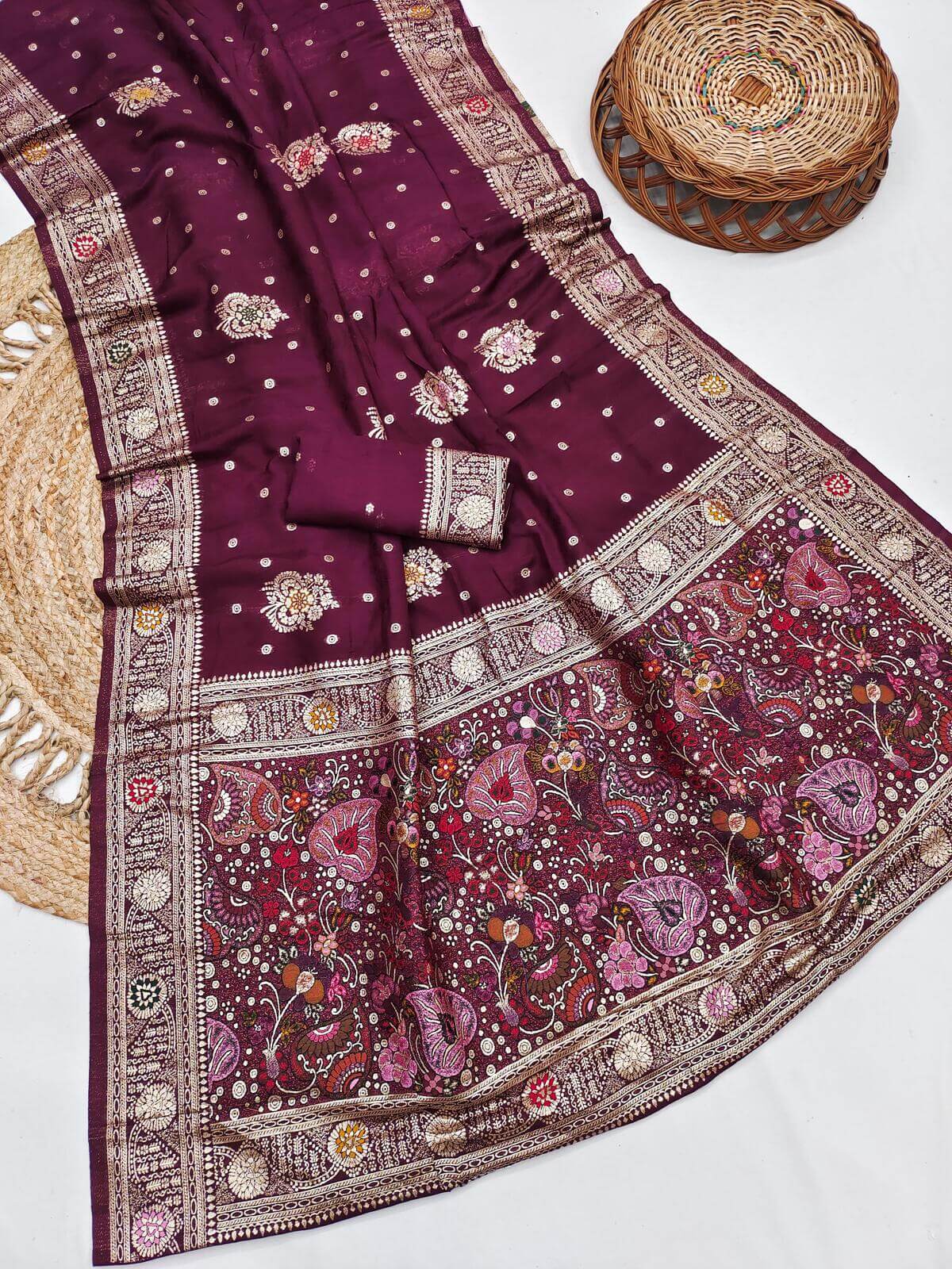 Ideal Wine Banarasi Dola Silk Saree With Resplendent Blouse Piece