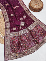 Ideal Wine Banarasi Dola Silk Saree With Resplendent Blouse Piece