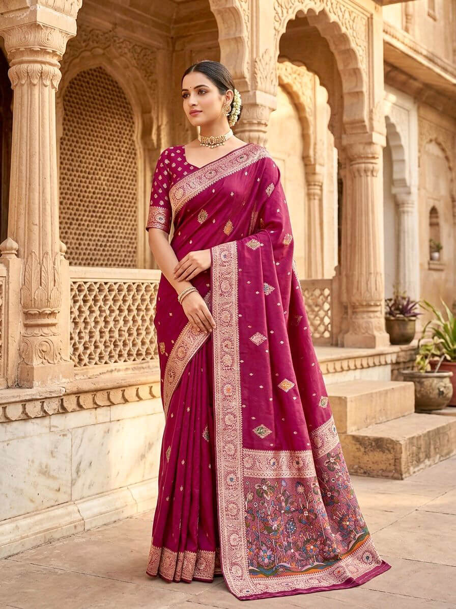 Snappy Dark Pink Banarasi Dola Silk Saree With Propinquity Blouse Piece