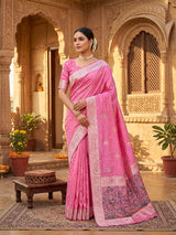 Moiety Pink Banarasi Dola Silk Saree With Demure Blouse Piece
