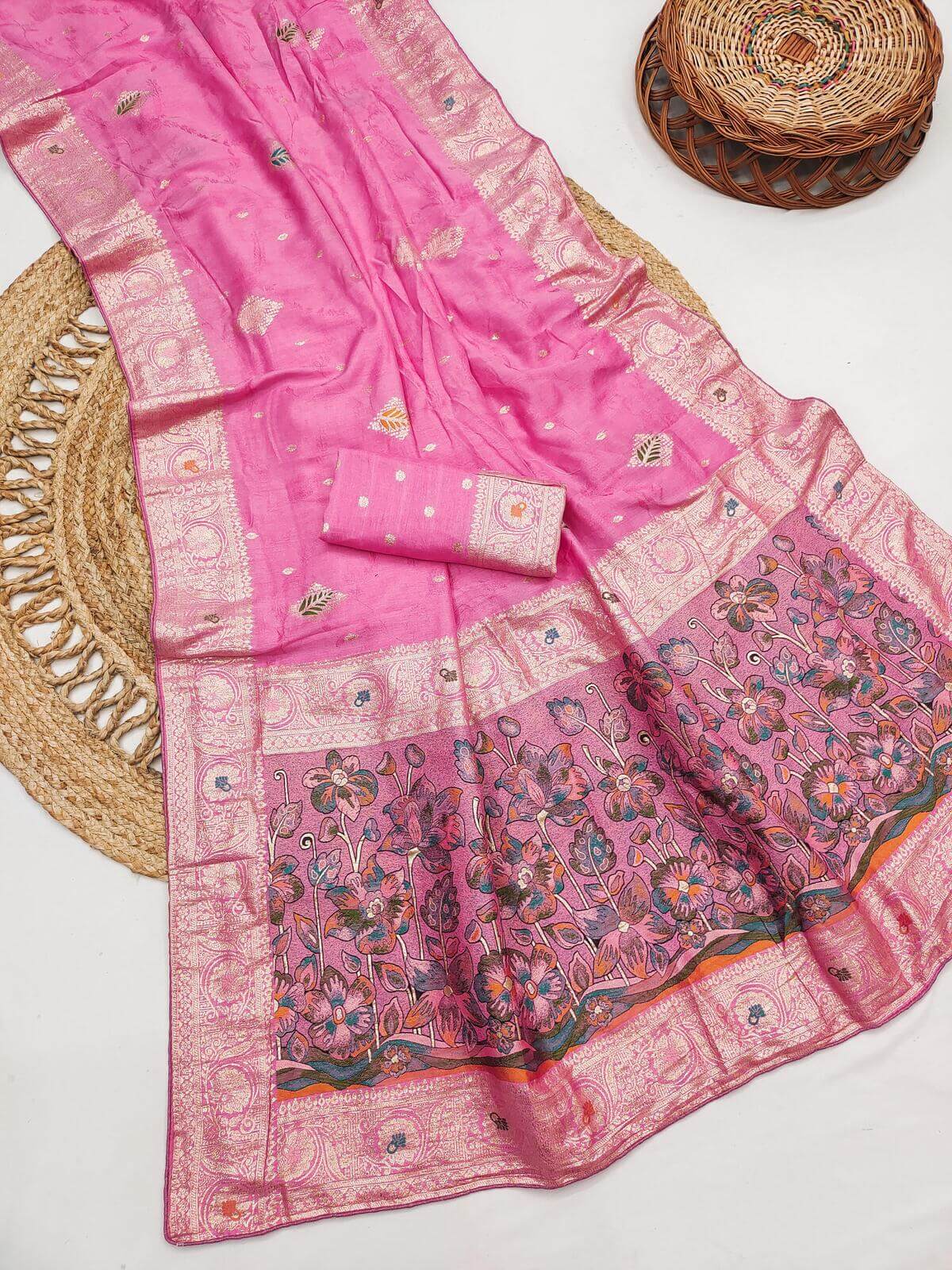 Moiety Pink Banarasi Dola Silk Saree With Demure Blouse Piece