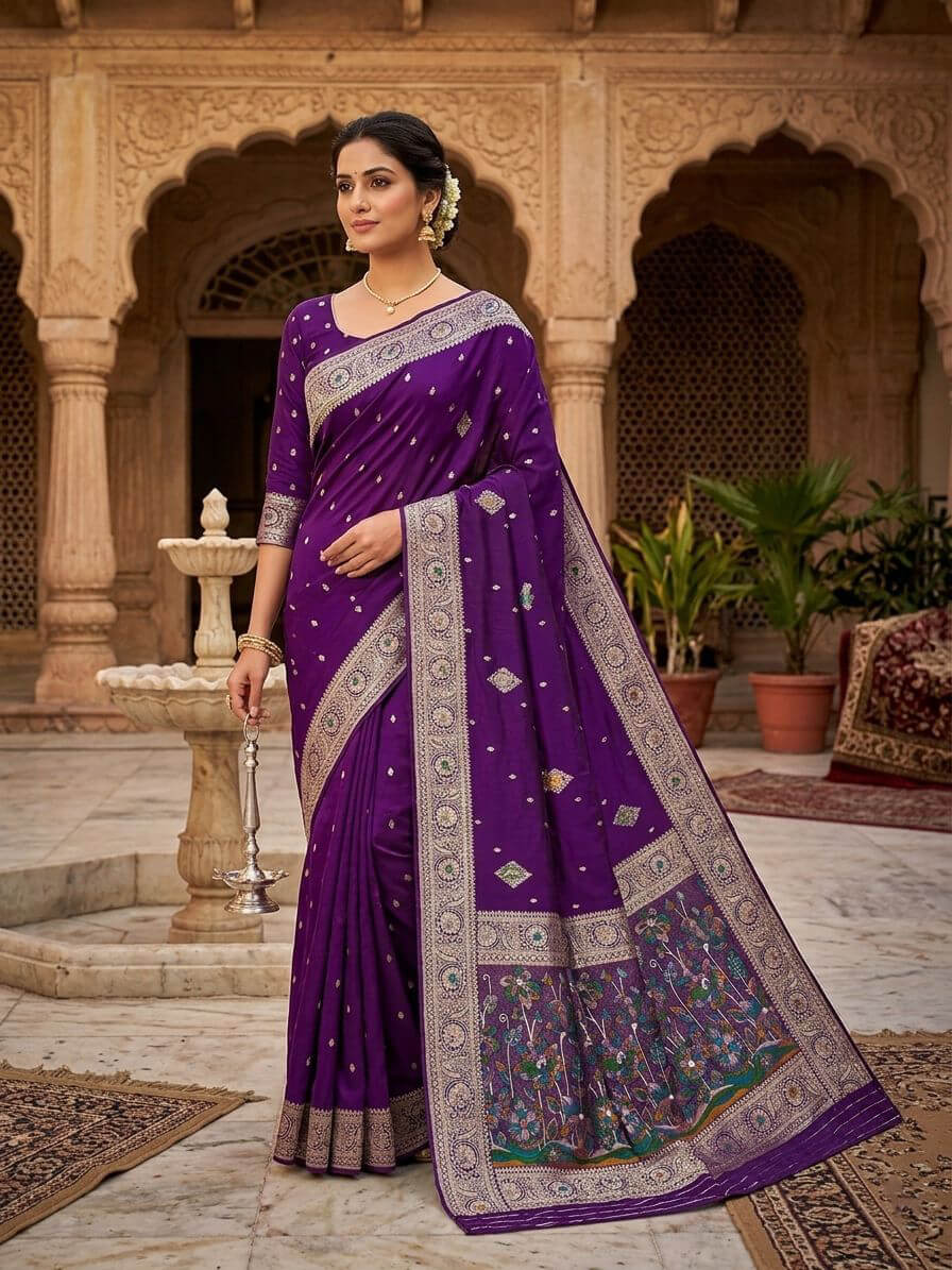Outstanding Purple Banarasi Dola Silk Saree With Ebullience Blouse Piece